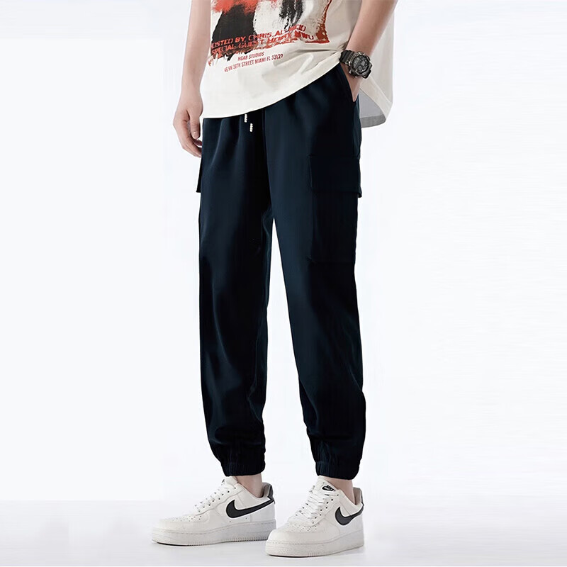 鸭鸭(YAYA)工装休闲裤男女同款潮流宽松运动情侣束脚速干长裤子 黑色 XL