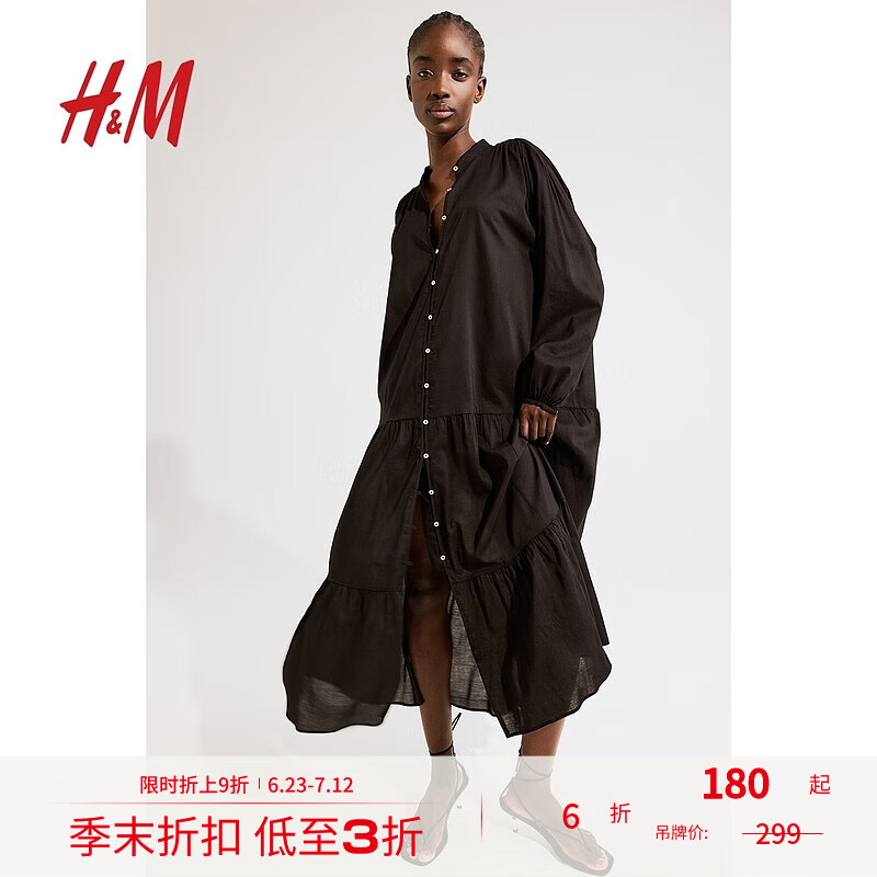 H&M女裝連衣裙夏季優(yōu)雅透氣中式立領(lǐng)燈籠長袖長裙1239045 黑色 S 160/88