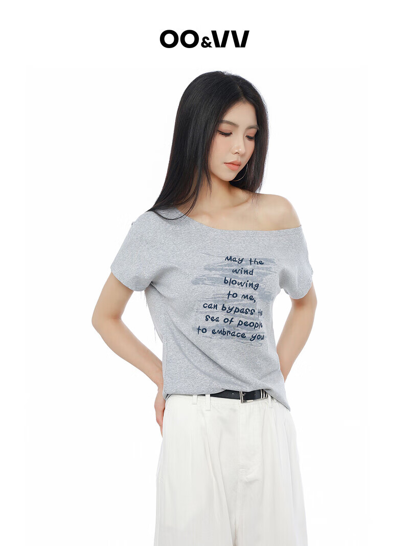 OO&VV灰色一字肩短袖T恤女2025夏新宽松休闲设计感纯色百搭上衣 莫奈灰 S