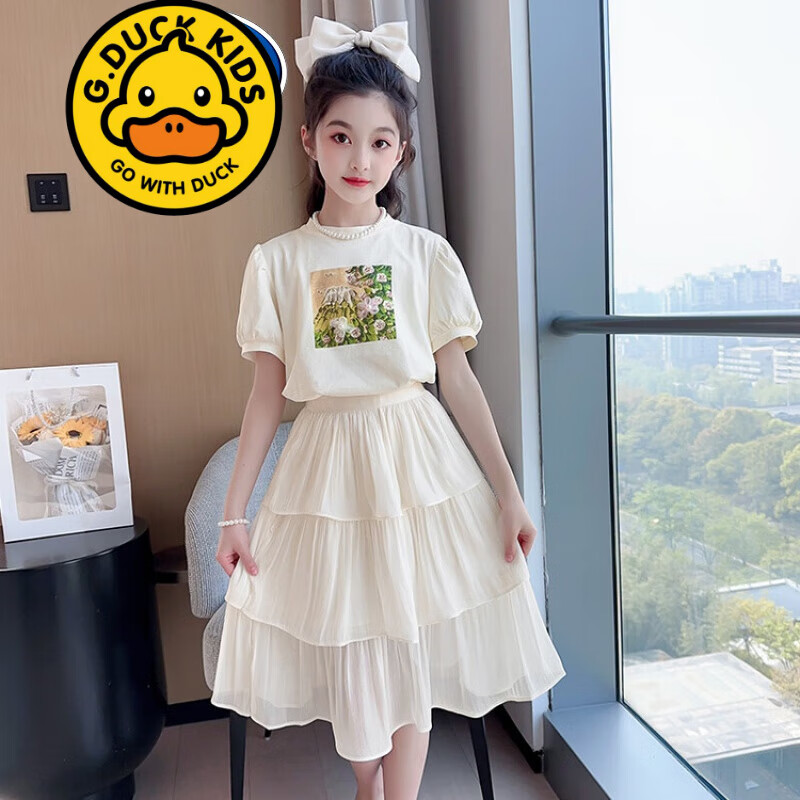 G.duck品牌童装女童夏装套装新款儿童夏季短袖半身裙两件套女孩洋气衣服 DMX028 上衣配绿色裙子 170