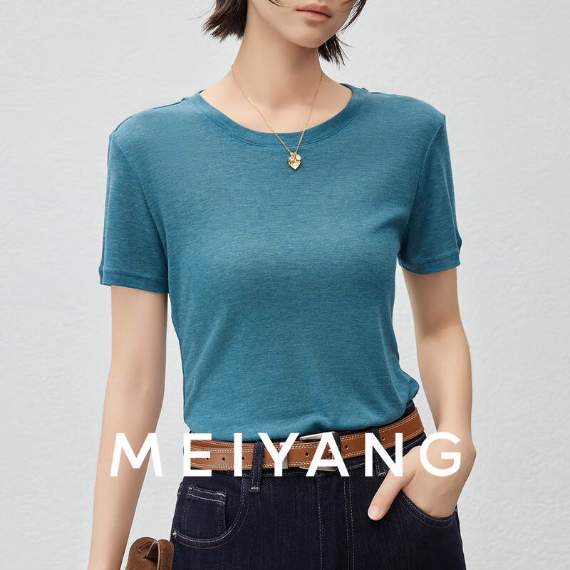 美洋（MEIYANG）水面膜T恤 瘦瘦魔法 莱赛尔桑蚕丝修身圆领短袖 牛仔蓝 M