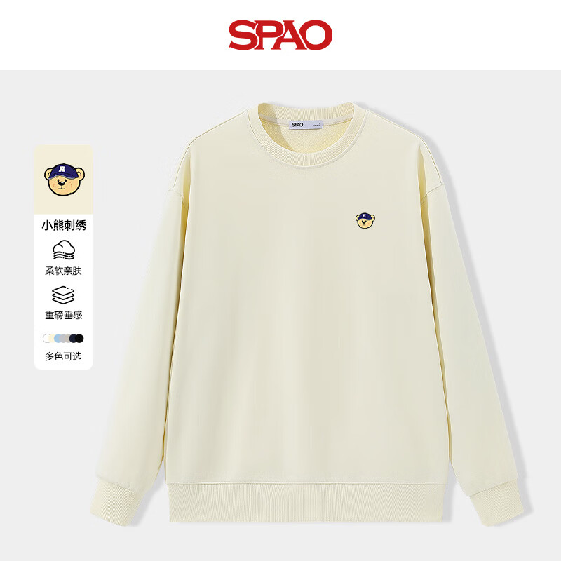 SPAO韩国同款小熊刺绣卫衣男女同款秋季宽松圆领情侣外套SPWY25SY04LD 杏#SP蓝帽子熊-贴布绣 XL