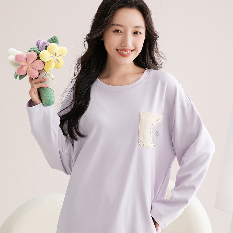 芬腾睡衣女100%纯棉秋新款亲肤圆领长袖花卉休闲家居服套装可外穿 浅紫 2XL