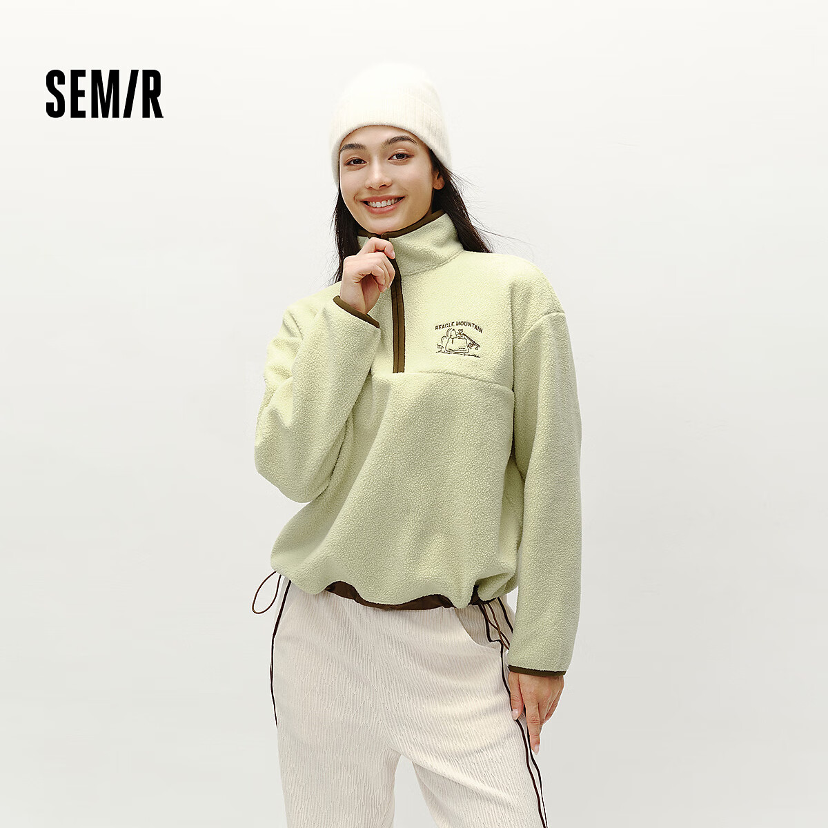 森马（Semir）史努比系列卫衣女设计感摇粒绒保暖冬宽松半拉链立领刺绣上衣 杏黄30521 XL