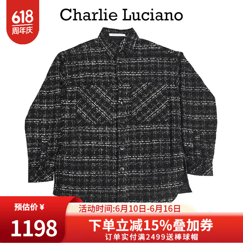 Charlie Luciano【迪麗熱巴同款】格子襯衫中性小香風(fēng)經(jīng)典情侶同款國(guó)潮外套cl男潮 黑色 XS