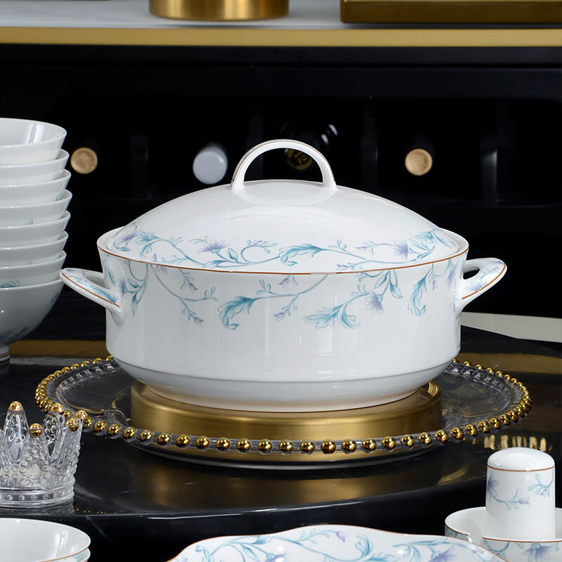 京峰阁 碗盘餐具整套碗具套装 景德镇陶瓷碗盘碟勺子家用中式乔迁礼物 碧蔓青华骨瓷餐具礼盒装