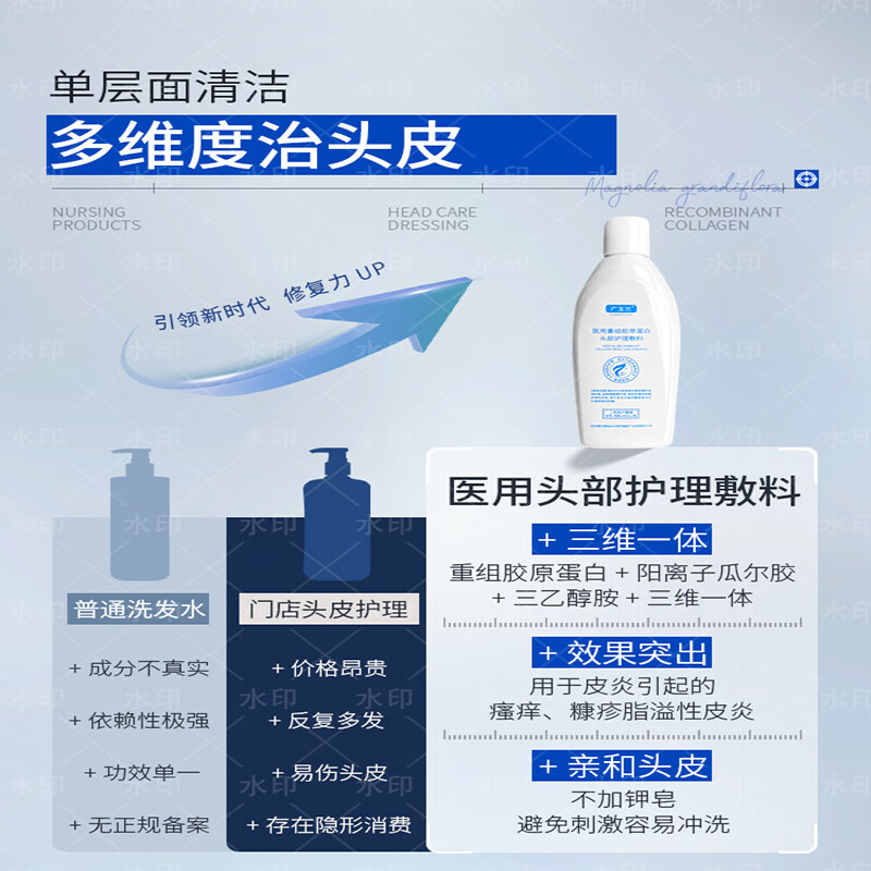 广玉兰医用毛囊炎洗发水控油止痒去屑脂溢性皮炎抗真菌重组胶原蛋白敷料 1瓶尝鲜装【净澈控油止痒去屑】买二送一