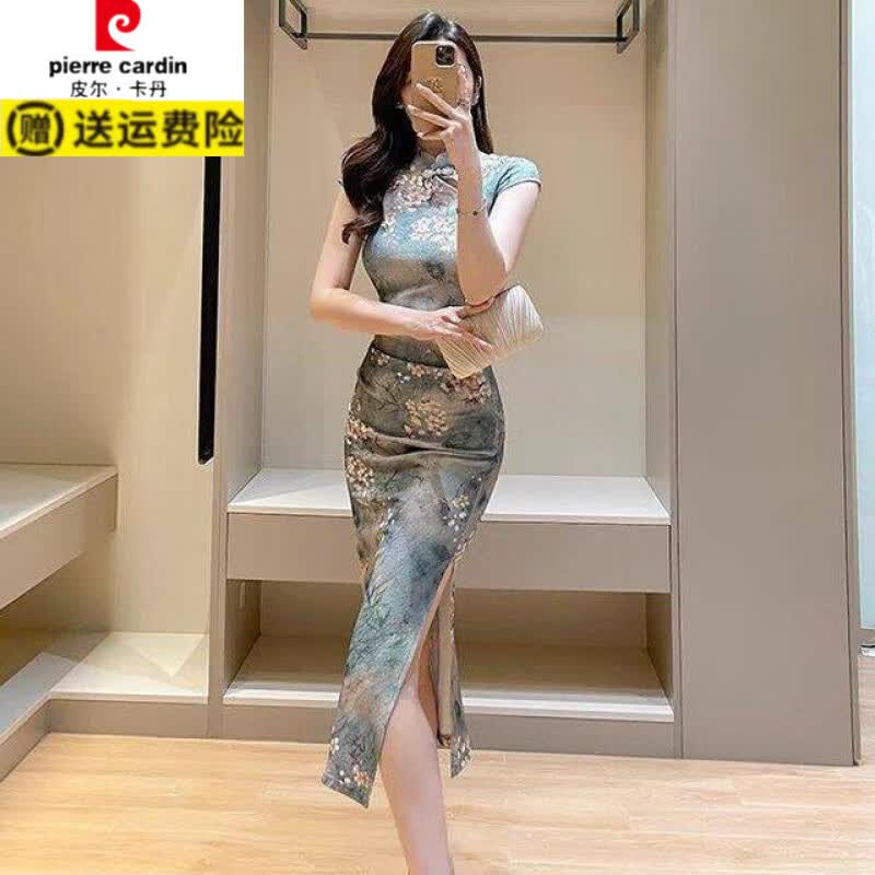 皮尔卡丹(pierre cardin)新中式国风紫色改良旗袍女夏新款气质复古印花盘扣修身开叉连衣裙 绿色长款 L