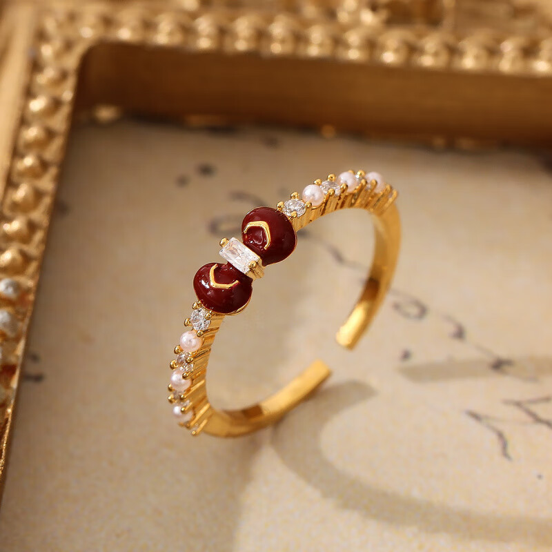 花饰庄园显白红色新款锆石戒指法式复古小众设计食指精致百搭指环女 E0219蝴蝶结戒指