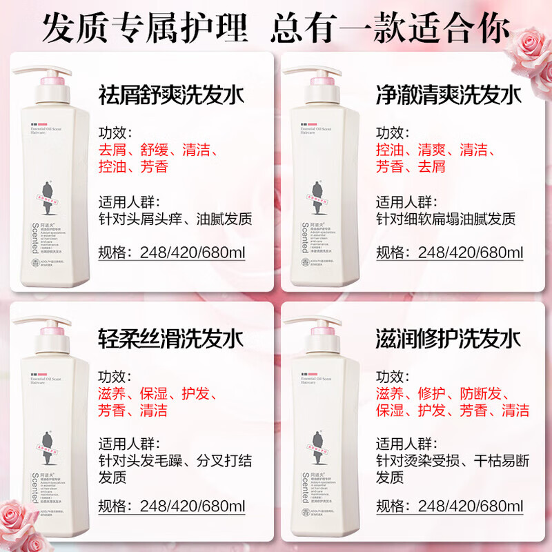 阿道夫（ADOLPH）精油洗发水248ml套装控油去屑洗发露滋润修护柔顺洗头膏男女士 滋润修护248ml+控油去屑补充装248ml