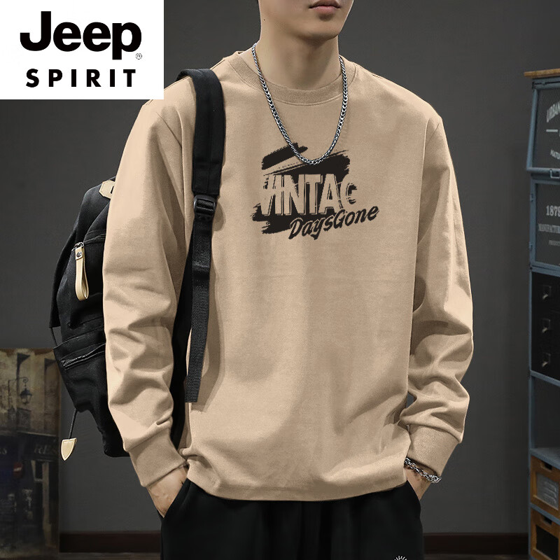 JEEP SPIRIT美式春秋季男士束口长袖t恤潮牌百搭休闲宽松纯棉男款上衣打底衫 卡其色束口长袖-2348 L 【建议125-150斤】
