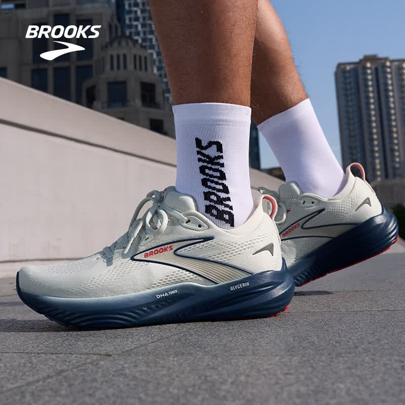 布鲁克斯（BROOKS）Glycerin 22甘油22男子缓震跑鞋 浅灰色/深牡丹蓝/火焰红 42