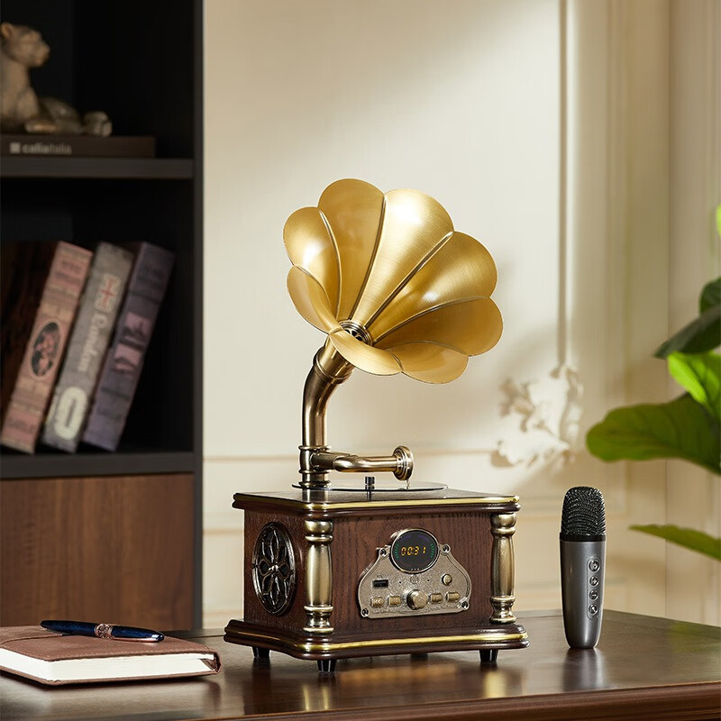 欧蒂诺留声机音箱一体机复古桌面蓝牙音响播放器K歌麦克风装饰摆件礼物 胡桃色带麦克风充插两用-赠U盘