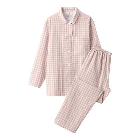 MUJI[自营限定款]女士无侧缝 双层纱织睡衣  纯棉家居服 浅粉色格纹 M