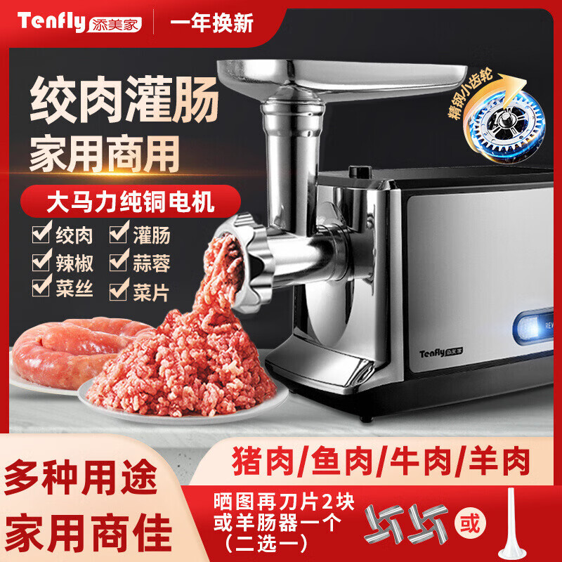 Tenfly绞肉机家用电动灌肠机电磁搅拌多功能碎肉绞蒜泥绞肉神器厨房料理机商用辣椒蒜蓉机出口转内销 拉丝银家用升级400W 3L