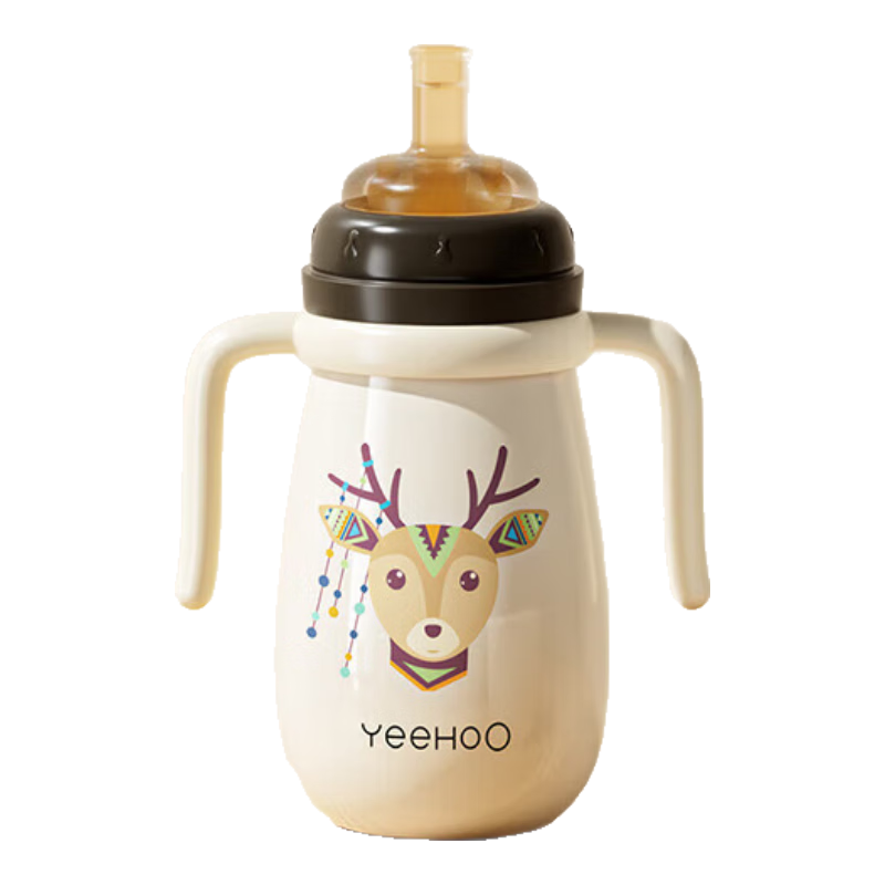 英氏（YEEHOO）嬰兒保溫奶瓶新生兒奶瓶兒童保溫杯嬰兒學飲杯便攜吸管水杯保溫壺 保溫奶瓶 300ml 貴族白-配三頭