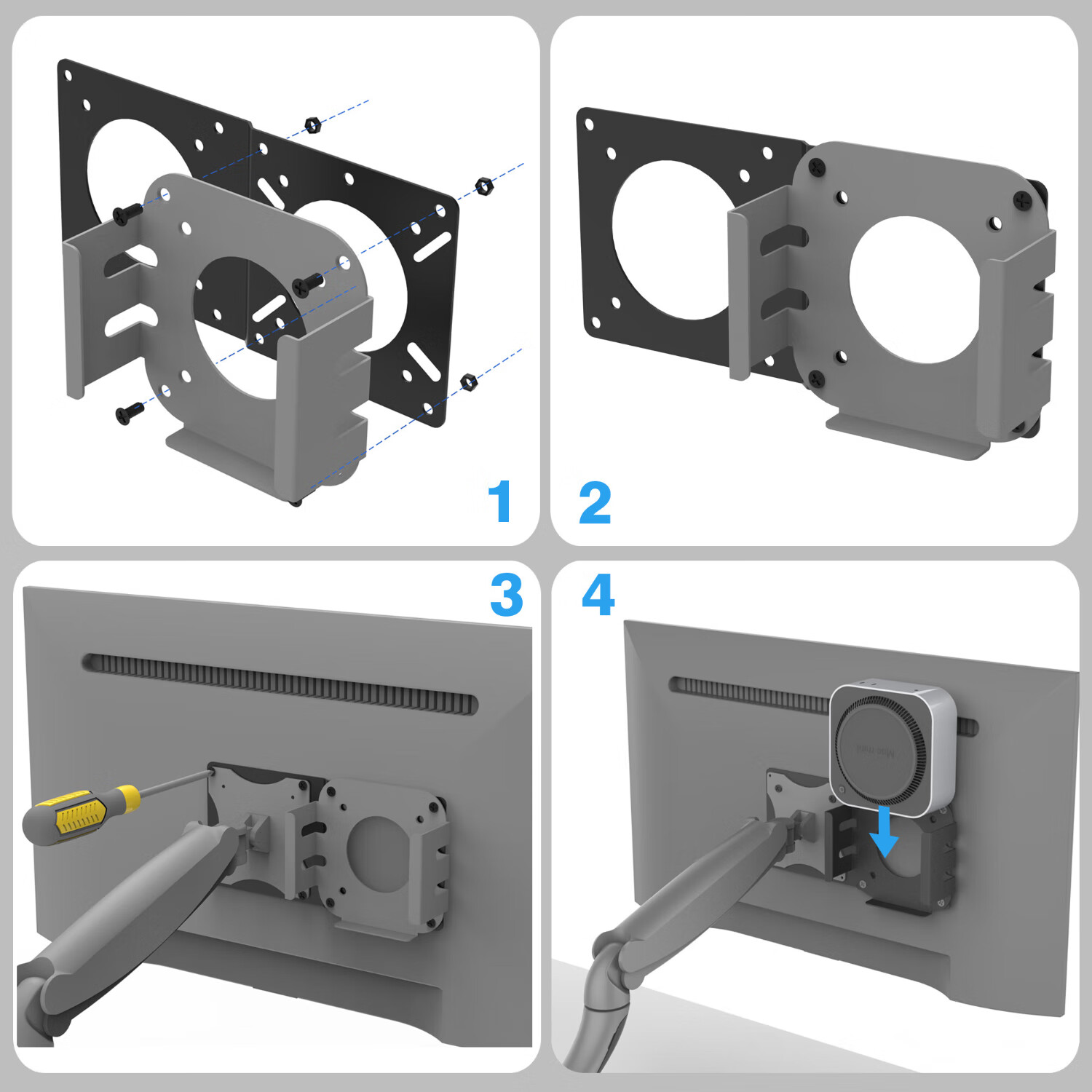 美易支Mac mini M4显示器安装支架+转接头延长板套装组合金属节约空间带螺丝 黑色