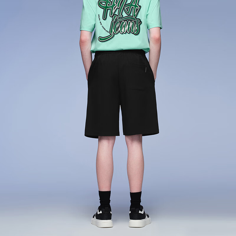 黑鲸腰间抽绳休闲中裤男宽松舒适直筒短裤男裤子男 黑色01 L