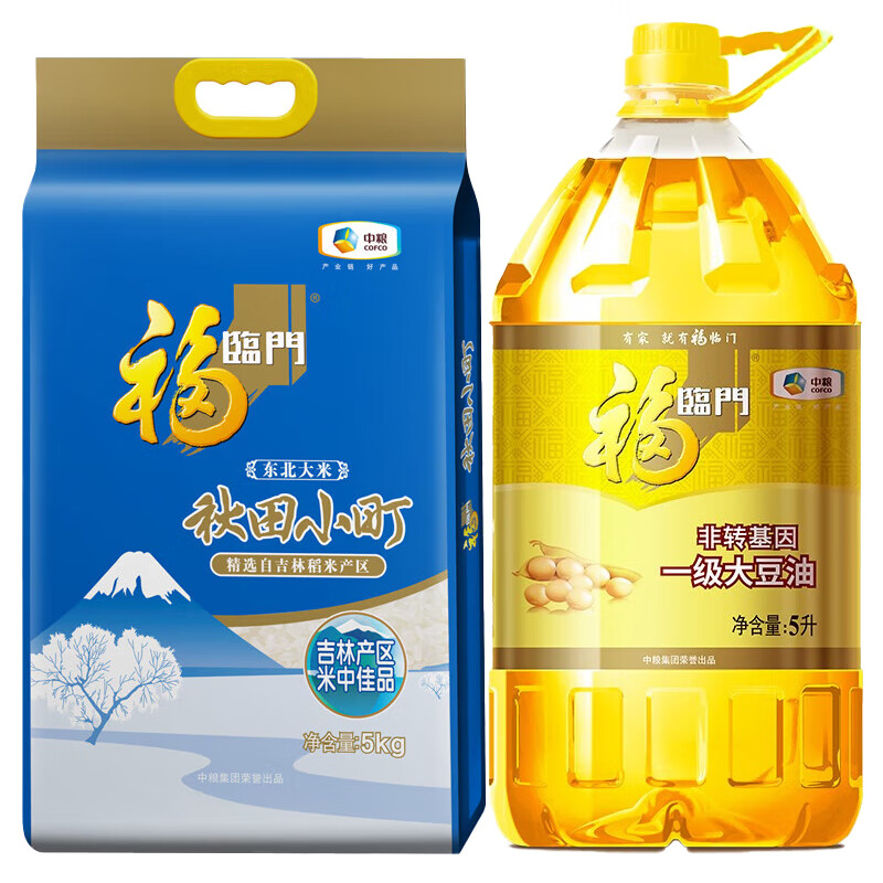 福临门秋田小町东北大米一级粳米吉林产区米中佳品 5kg*1袋+非转基因大豆油5L