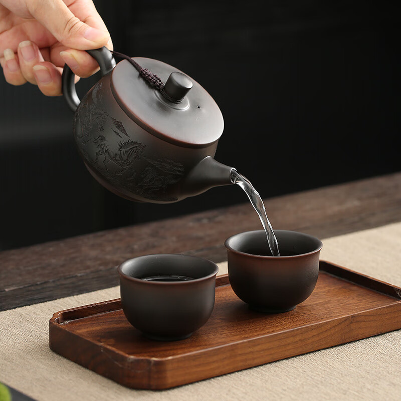 颖器紫陶壶茶壶凤鸣壶大口汉瓦壶280ml家用泡茶壶中式手工紫砂壶茶具 04紫陶汉瓦壶+2杯(礼盒装) 280ml