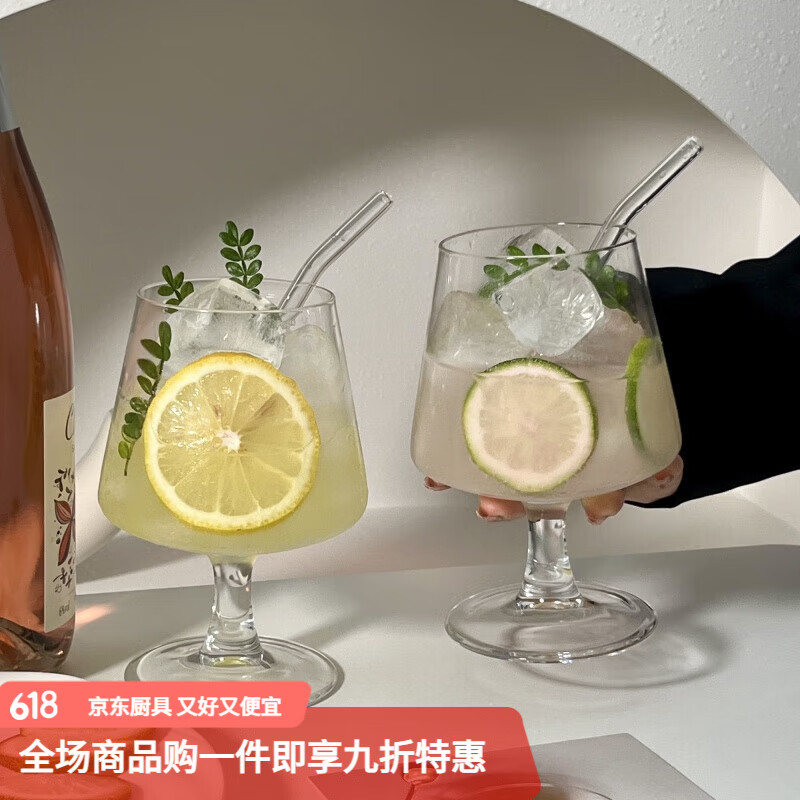 驰诺ins网红餐厅玻璃杯酒杯矮脚白兰地杯冰咖啡杯苏打chic简约饮料杯 .装+吸管 480ml 2只