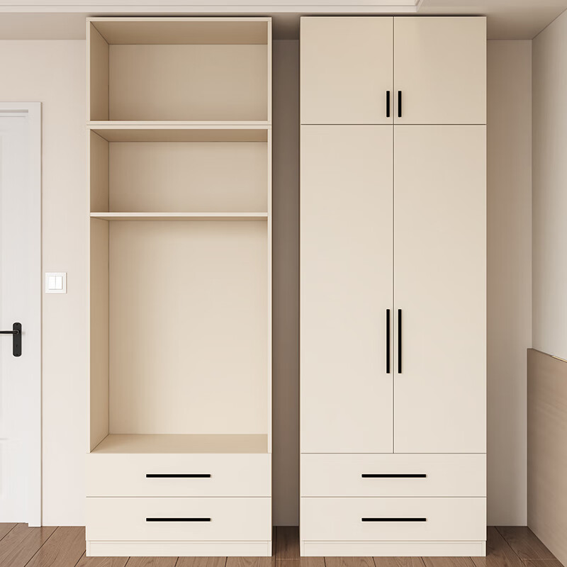 雨村实木生态板卧室简约衣柜定制转角衣柜奶油风收纳储物大容量衣柜 两门抽屉衣柜+边柜+书桌柜+顶柜