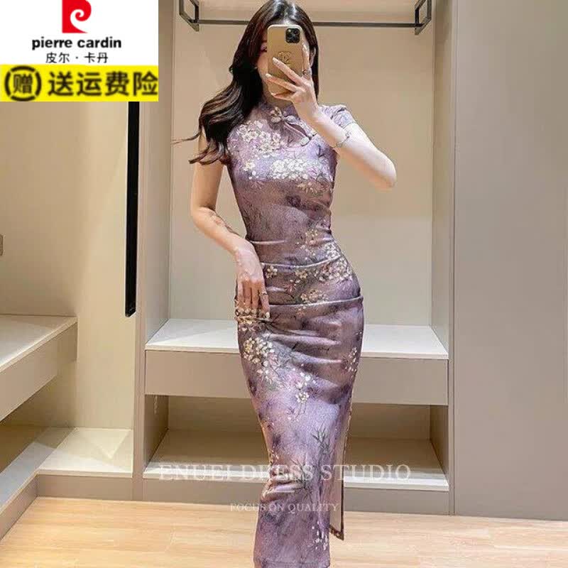 皮尔卡丹(pierre cardin)新中式国风紫色改良旗袍女夏新款气质复古印花盘扣修身开叉连衣裙 绿色长款 L