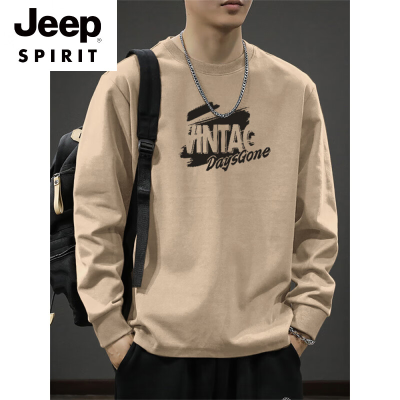JEEP SPIRIT美式春秋季男士束口长袖t恤潮牌百搭休闲宽松纯棉男款上衣打底衫 卡其色束口长袖-2348 L 【建议125-150斤】