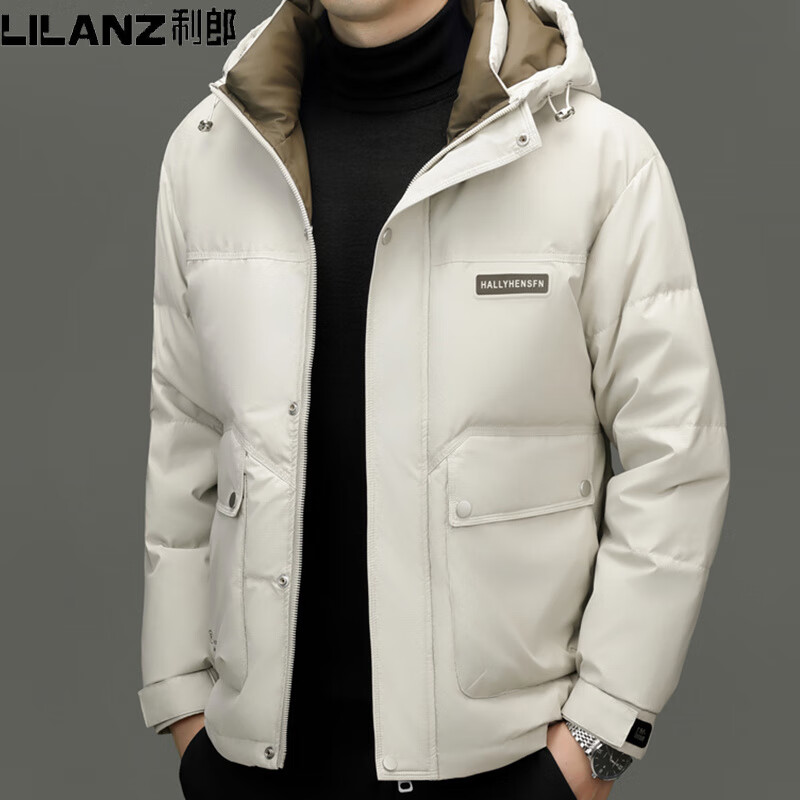 利郎服男2025中年时尚休闲连帽加厚保暖白鸭绒外套冬 米白 4XL 195 建议185-200斤