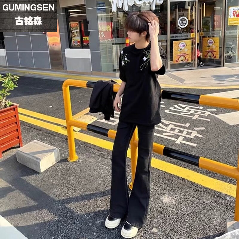 古铭森弯刀微喇牛仔裤男夏季美式复古vibe高街显瘦修身黑色直筒长裤子男 黑色【新品】 M 【建议95-110斤】