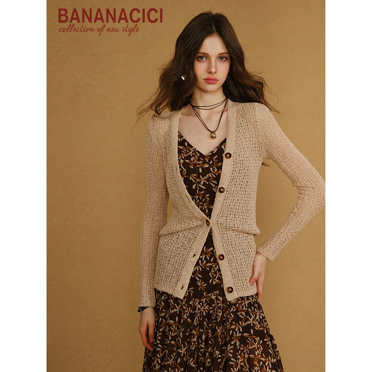 banana cici2025年秋季新款慵懒波西风镂空网眼长袖V领针织衫外套C2F3MY072 杏色 S