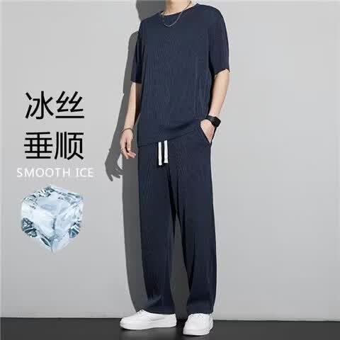 【优选好物】冰丝高级感运动套装男士夏季居家休闲长裤子短袖t恤 A13藏青色套装 M