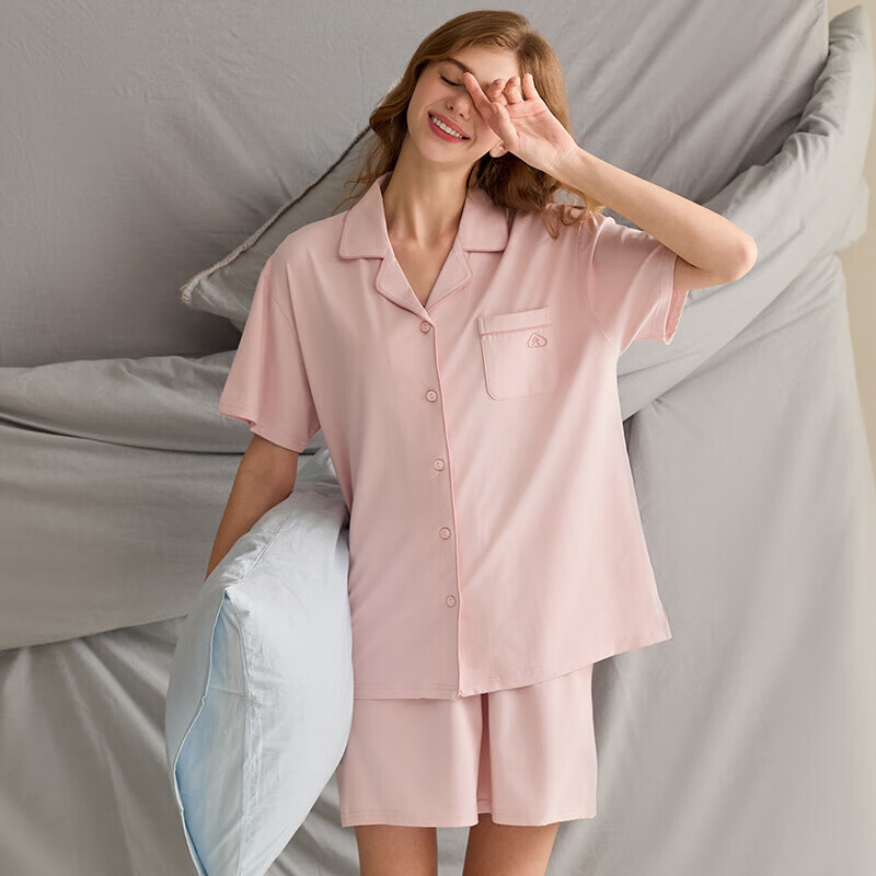 芬腾情侣睡衣夏季女士薄款纯棉短袖短裤套装男休闲大码全棉家居服 豆沙粉【单女款】 M 建议:女92-110斤,男105-126斤