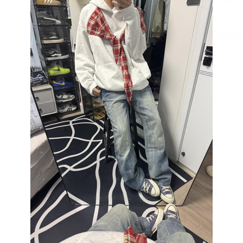 POUM美式休闲蝴蝶结格子披肩连帽卫衣男cleanfit设计感宽松情侣帽衫 XXJR-1049黑色 2XL