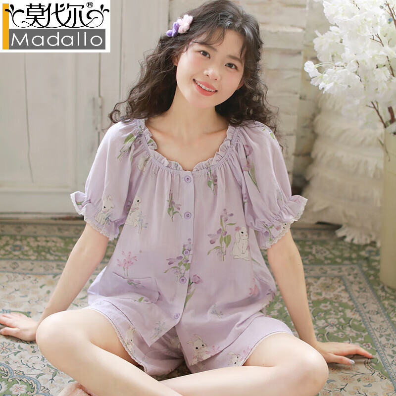 莫代尔舒适夏季新款短袖带胸垫睡衣女纯棉纱布森系少女三件套家居服套装 鸢尾兔LZ3148 S （155-162cm 105斤以内）