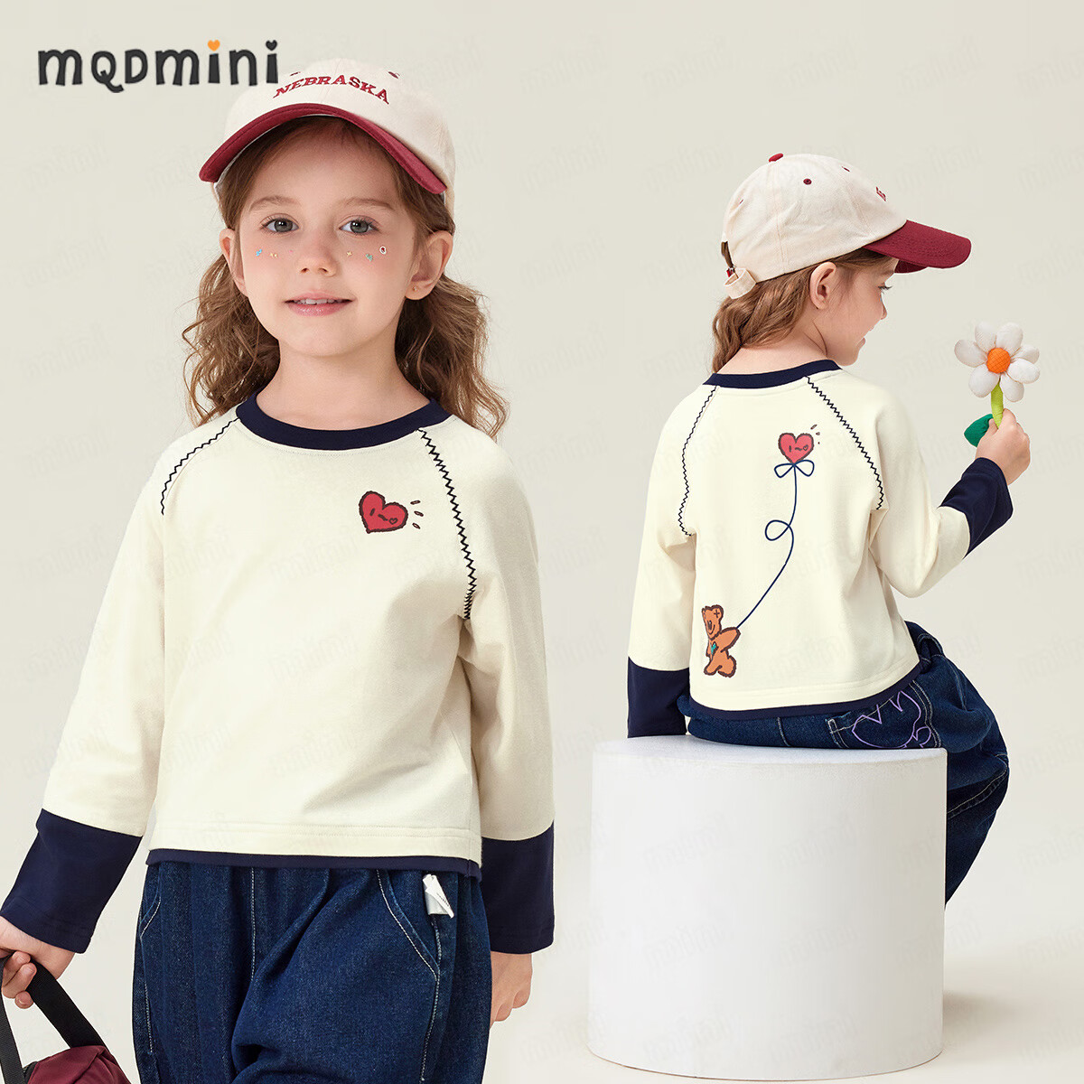 MQDMINI童装女童长袖T恤儿童秋装2025新款女宝宝打底衫休闲上衣 A爱心狗米白 100 京东折扣/优惠券