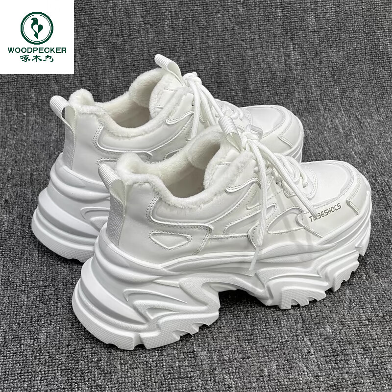 啄木鸟15公分老爹鞋子女网纱单鞋12公分小个子真皮内增高小白鞋10cm凉鞋 白色网纱14厘米 36