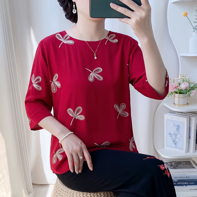 恒源祥中老年妈妈夏装套装绣花宽松洋气上衣中袖两件套老人女装奶奶衣服 橘红(套装) XL (建议90-105斤)