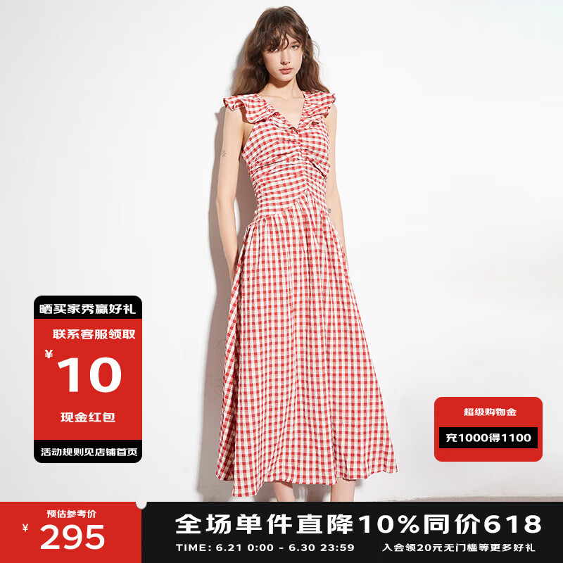 BASIC HOUSE/百家好法式格纹荷叶边连衣裙女2025夏季一字肩吊带裙 红色格纹 S