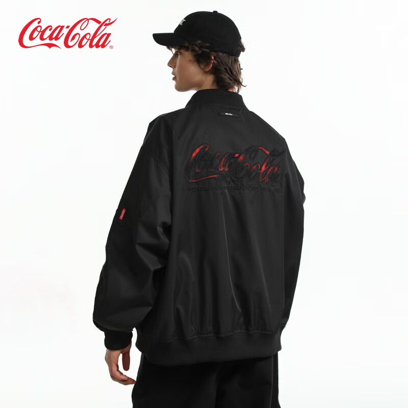 可口可乐（Coca-Cola）渐变格纹美式休闲飞行员夹克外套 黑色 XL