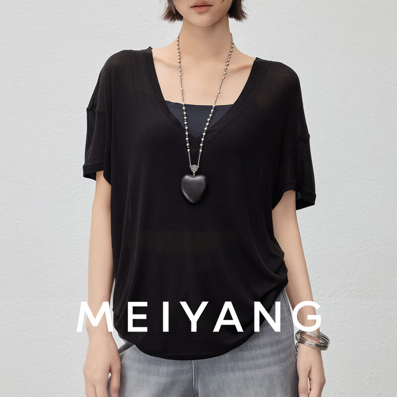 美洋（MEIYANG）凉爽醋酸T 慵懒巴适 天丝醋酸轻薄V领短袖上衣 黑色 M