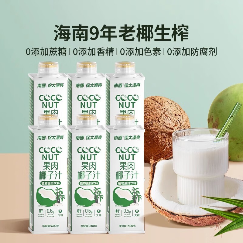 南國（nanguo）600mL大瓶裝 生椰乳鮮榨0糖椰汁植物蛋白椰子汁果味飲料瓶裝 【生榨椰汁】南國600ml*6瓶