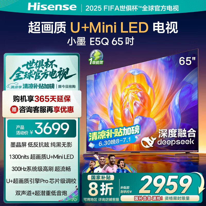 海信电视E5Q 65英寸 超画质U+Mini LED 墨晶屏 300Hz高刷 U+超画质引擎Pro AI智能 国家补贴 65E5Q