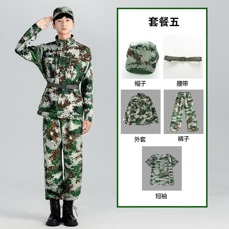 特大码军训服全套加肥加大迷彩服套装夏季薄款初中高中大学生训练 林地:外套裤子+体恤+帽子腰带 230码号(270-305斤)