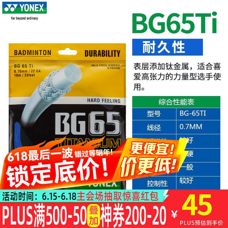 YONEX尤尼克斯羽毛球拍线yy进口耐打弹性球拍线官网正品BG65Ti BG65TICH 蓝色