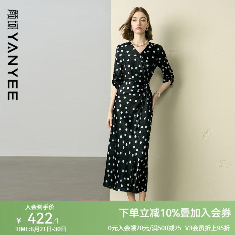 颜域碎花连衣裙女夏装2025新款收腰显瘦高腰过膝长裙气质复古裙子 黑白点 L