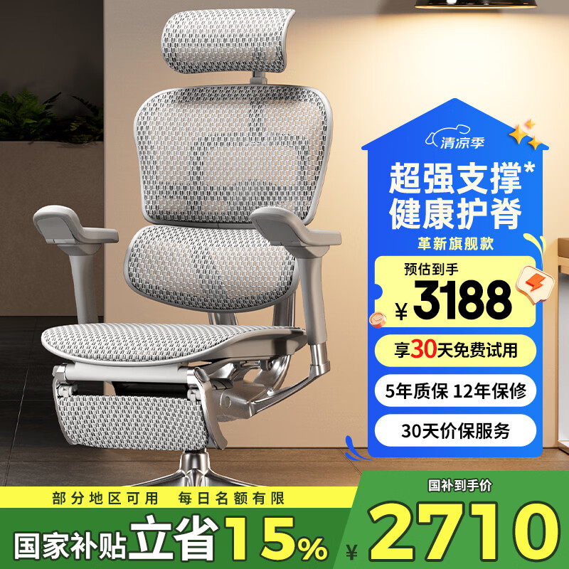 Ergonor保友金豪e2代高端人体工学椅电脑椅办公椅电竞椅子 银白网+躺舒宝