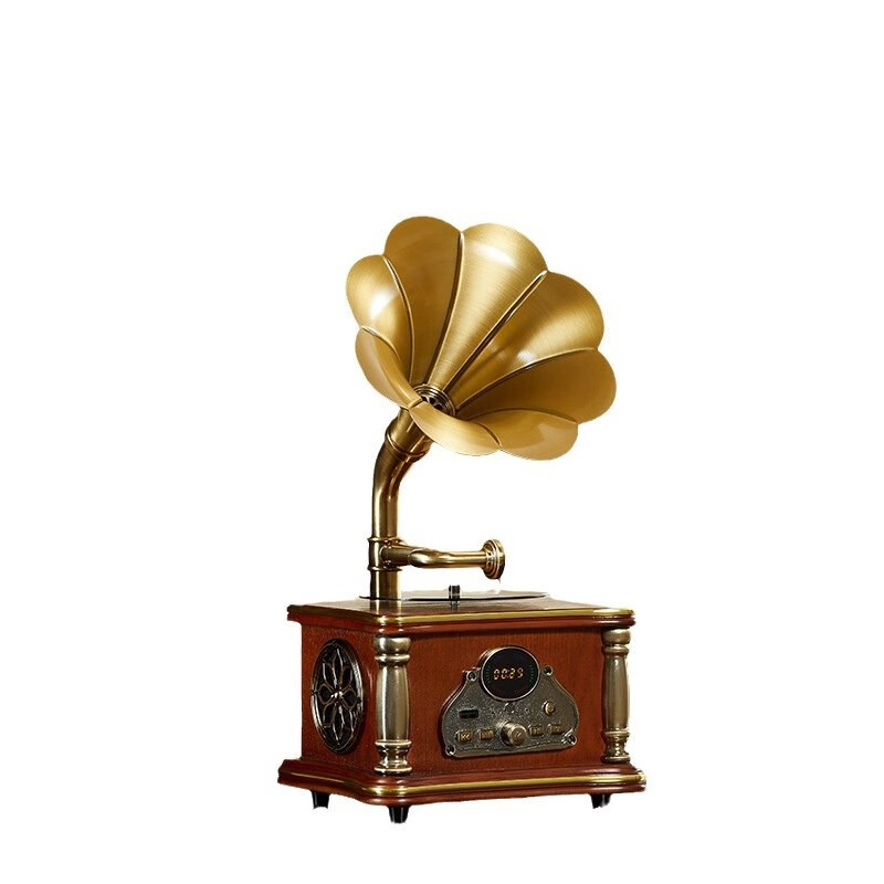 欧蒂诺留声机音箱一体机复古桌面蓝牙音响播放器K歌麦克风装饰摆件礼物 胡桃色带麦克风充插两用-赠U盘