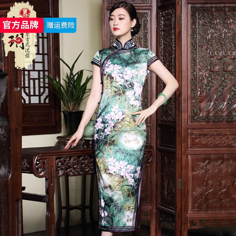 璽玥2025年春季新款重磅真絲長(cháng)款旗袍 優(yōu)雅復古絲綢印花女士連衣裙 花色 2XL (體重125~135)