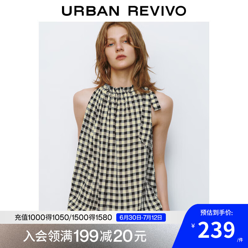 UR2025秋季新款女裝撞色格紋超寬松無袖罩衫襯衫UYU250031 黑色格子 M (M-L)